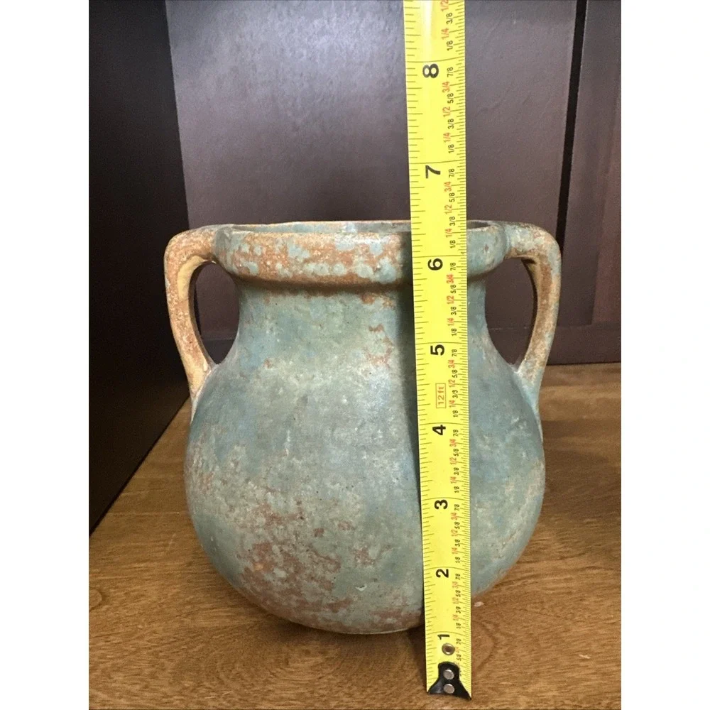 Burley Winter Pottery Vase Green Mottled Glaze Double Handle Antique 1930's #54